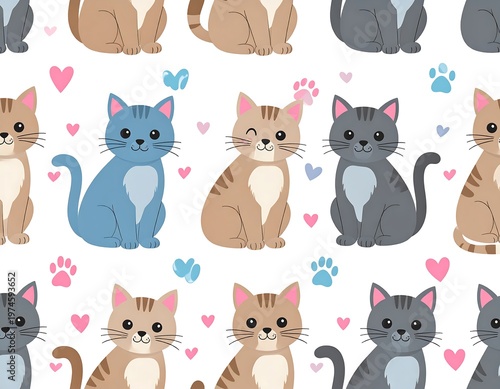 A repeating pattern features cartoon cats with heart and paw-print accents, showcasing various colored felines