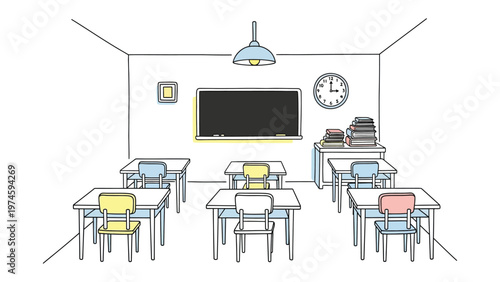 Classroom Interior Illustration: A clean and organized classroom interior illustrated, featuring rows of desks and chairs facing a chalkboard, complete with a clock and other learning tools.