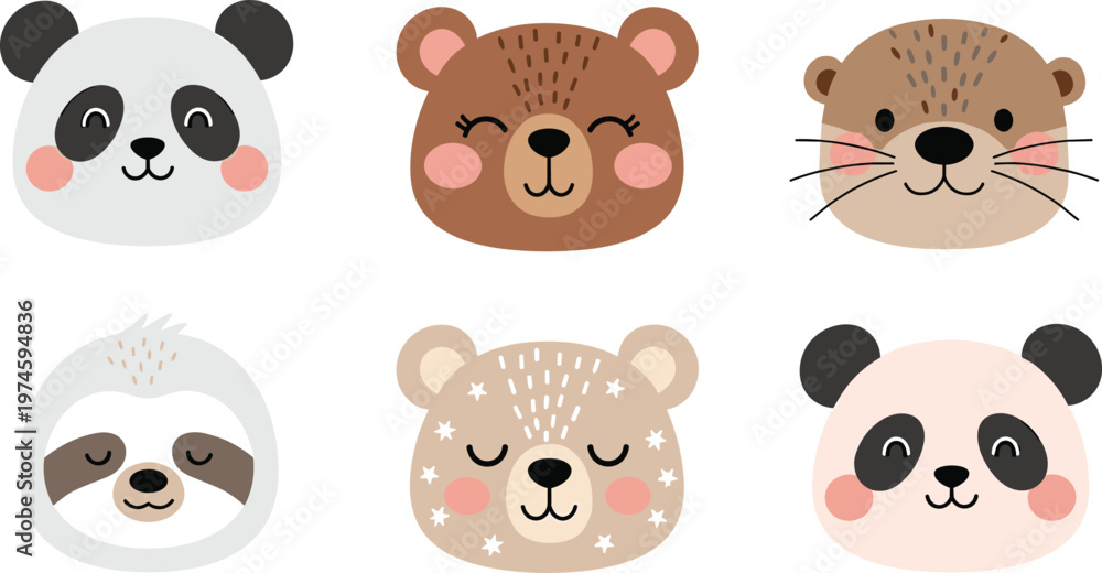 Obraz premium Cute Animal Face Icon Set with Panda Bear and Sloth Cartoon Characters Collection for Kids Nursery Design and Sticker Illustration