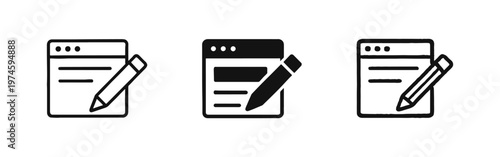 Online Content Creation Web Browser Icon Set - Digital Writing and Blog Post Symbol for Web Page Editing.