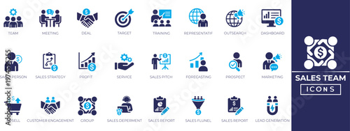 Sales team icon set. Containing conversion, group, lead, manager, salesperson, marketing, prospect, funnel, lead generation and more. Perfect solid icon collection.