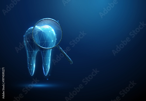 3d blue tooth under magnifying glass. Dental examination, diagnostics, cavity detection, enamel inspection, oral health assessment, clinical dentistry evaluation concept.
