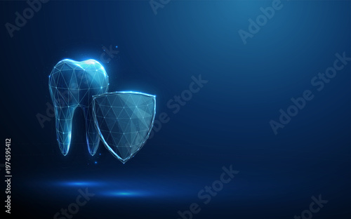 3d tooth behind shield. Dental protection, enamel defense, cavity prevention, oral health security, protective care, preventive dentistry, hygiene, protection concept.