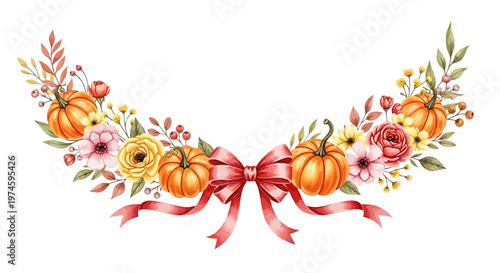 Watercolor autumnal pumpkin and floral arrangement with ribbon bow
