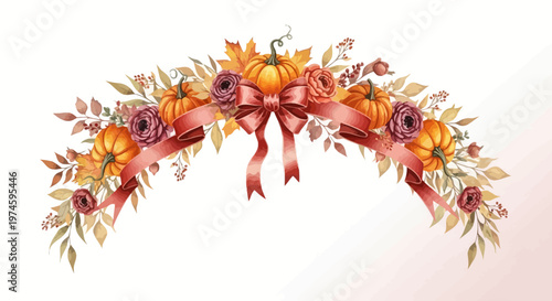 Autumnal garland featuring pumpkins flowers leaves and a ribbon bow