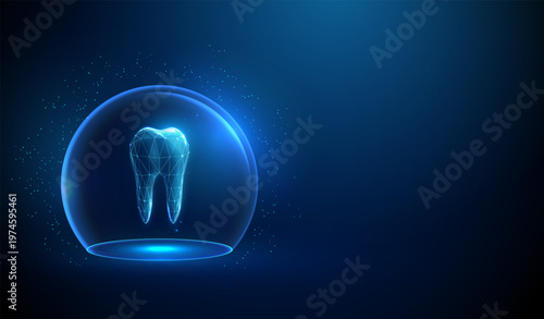 3d tooth inside transparent glass dome Dental protection, preventive care, clinical treatment, tooth restoration, enamel protection coating, cavity prevention concept
