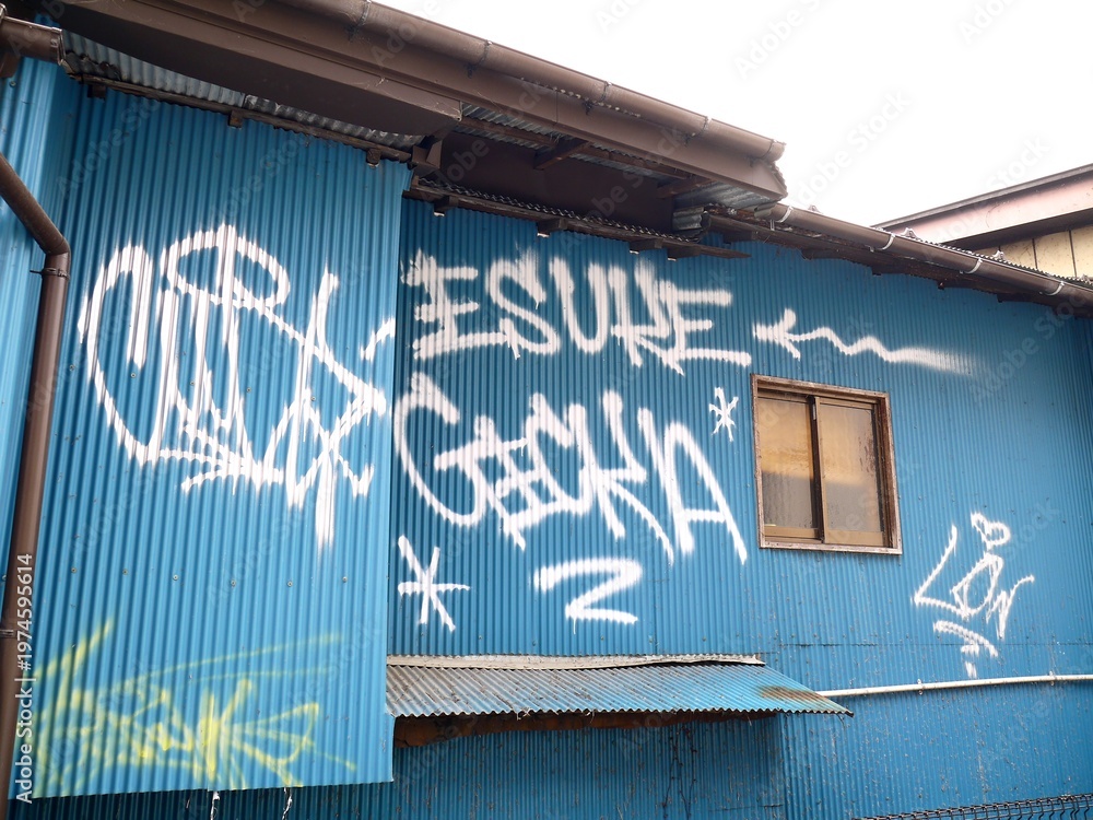 Obraz premium 路地裏の建物の壁に書かれた落書き