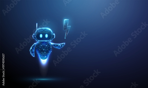 3d robot with lightning above its hand. AI acceleration, performance boost, high speed processing, system optimization, scalable automation, workflow scaling concept