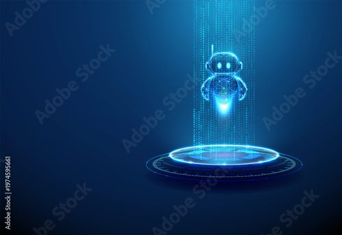 3d cute robot on futuristic podium within vertical stream of data points. AI data processing, machine learning training, neural network learning, smart analytics platform concept.