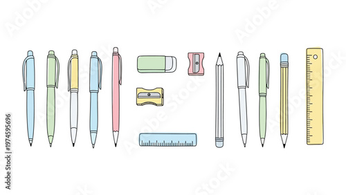 Stationery Essentials Collection: An array of vibrant pens, pencils, erasers, sharpeners, and rulers in a cheerful, organized display, perfect for both creative and professional endeavors.