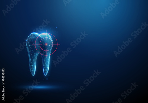3d tooth inside target crosshair. Precise cavity detection, enamel damage identification, clinical evaluation, monitoring and assessment of tooth condition concept.