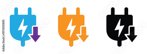 A set of colorful electric plug icons with lightning bolt and arrow, symbolizing energy and power