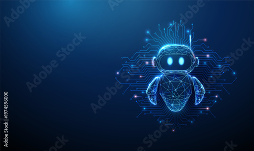 3d cute robot with microchip circuit lines. Intelligent system architecture, neural network structure, machine learning processes, smart technology integration concept.