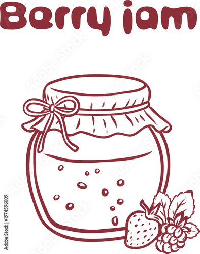 Jar of berry jam with fresh berries line art on white, perfect for packaging, kitchen label