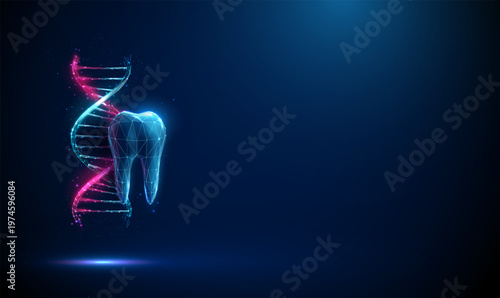 3d blue tooth with DNA helix Genetic factors in dental health, genetic mutations, odontogenesis, stem cell research, artificial tooth growth, regenerative dentistry concept