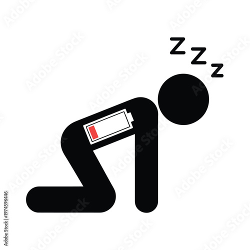 A stylized figure sleeps next to a low battery indicator
