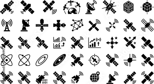 Minimalist satellite icons set on dark background

