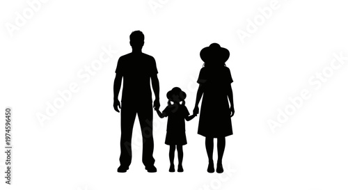 Silhouette of a family: father, mother, and daughter holding hands, isolated on white background.