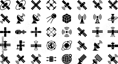 Minimalist satellite icons set on dark background
