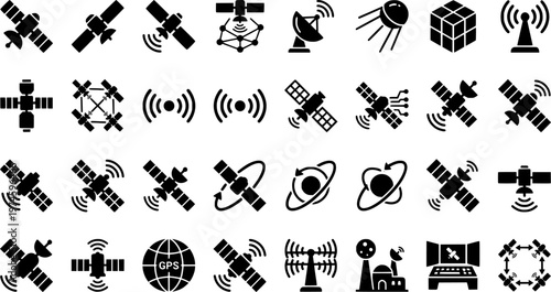 Minimalist satellite icons set on dark background

