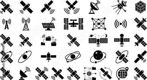 Minimalist satellite icons set on dark background
