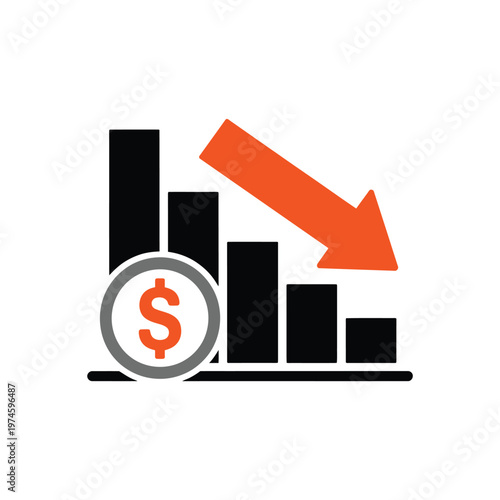 Financial downturn illustrated with a declining bar graph and dollar sign