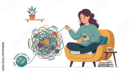 Woman practicing self-care by untangling mental health issues