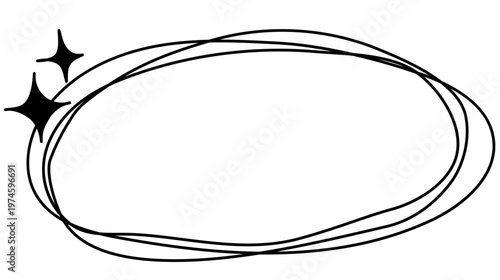 シンプルな手書きの円形フレーム　ベクター　イラスト　キラキラ　線　線画　白背景　手描き　透過背景　黒　きらめく　星