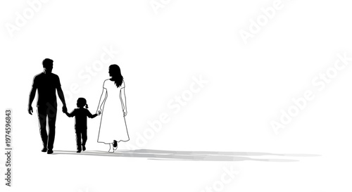 Silhouette of a family walking together, holding hands, on a bright day with long shadows.
