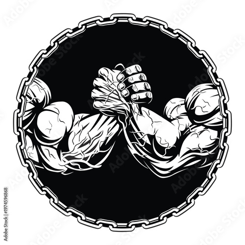 Arm Wrestling Strength Logo Muscular Hands Clasping in Chain Circle Vector Illustration