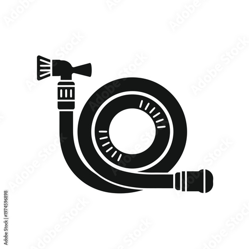 A black and white illustration of a coiled garden hose with a spray nozzle