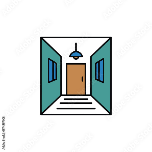 A minimalist linear illustration depicting an interior hallway with a doorway