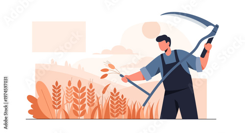 Farmer Harvesting Crops with Scythe.