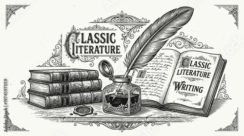 Vintage literature writing tools classic books inkwell feather quill