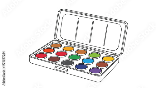 Hand-drawn black and white line art illustration of an open watercolor paint set with multiple color pans, representing art supplies and creative activities.