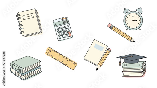 Education Essentials: An array of educational tools like notebooks, a calculator, clock, ruler, pencil, and books symbolize the core elements of learning and academic achievement.