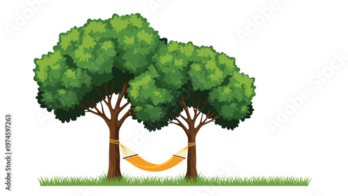 Relaxing orange hammock strung between two lush green trees on a grassy patch, symbolizing leisure, summer, and outdoor relaxation.