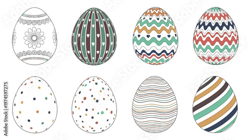 Collection of eight beautifully decorated Easter eggs with various patterns and colors, symbolizing spring, holiday, and celebration.