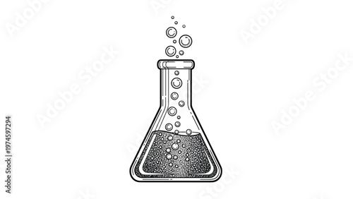 Hand-drawn black and white line art illustration of a conical flask with bubbling liquid, symbolizing science, chemistry, and experiments.