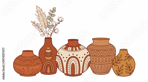 Set of five unique terracotta vases with floral designs