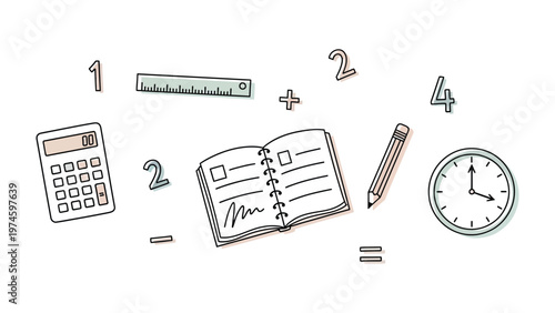 Education and Numeracy Tools: A collection of educational and mathematical tools including a calculator, notebook, ruler, pencil, clock, and numbers. Ideal for illustrating concepts of learning.