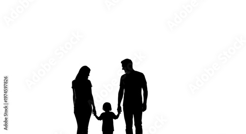 Silhouette of a happy family holding hands: parents and child walking together