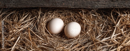 Two Chicken Eggs in Nest Top View Natural Organic Farm Concept
