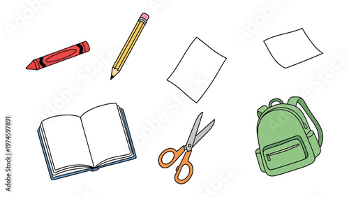 Stationery Essentials for Learning: A delightful collection of essential school supplies like crayon, pencil, paper, notebook, scissors, and backpack. perfect for sparking creativity.