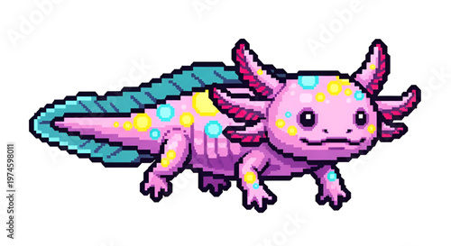 Cute Pink Axolotl Pixel Art Character with Neon Spots Isolated on White