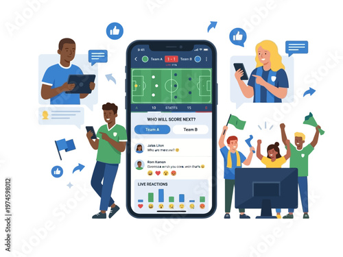 People engaging with a mobile sports app showing a live soccer game, with fans cheering and interacting on their devices.