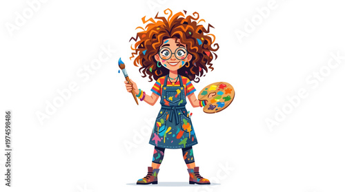 Cartoon girl holding paintbrush palette.