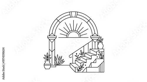Staircase with archway and sun illustration