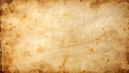 Old vintage paper texture with aged stains, worn edges and grunge pattern, antique parchment background with copy space for retro design