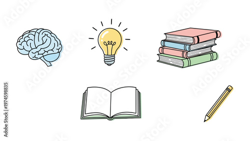 Knowledge and Ideas: An intellectual composition featuring a brain, lightbulb, stacked books, an open book, and a pencil, symbolizing the core elements of learning and innovation.